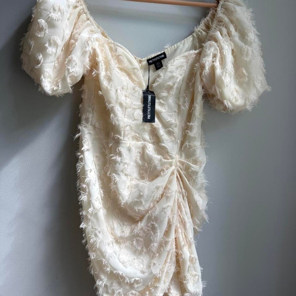 NWT PrettyLittleThing cream feathered mini dress with ruched detail, size US 2